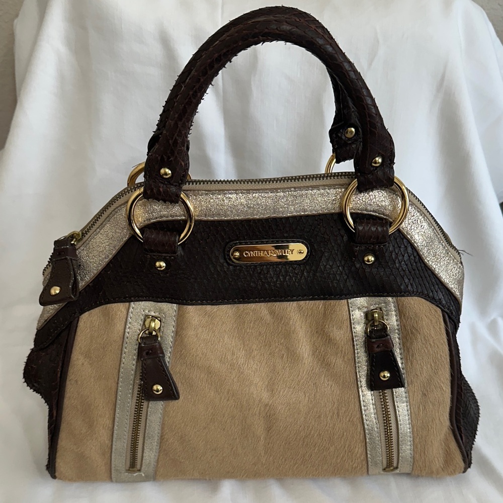 Cynthia Rowley Beige, Leather Brown & Gold Satchel